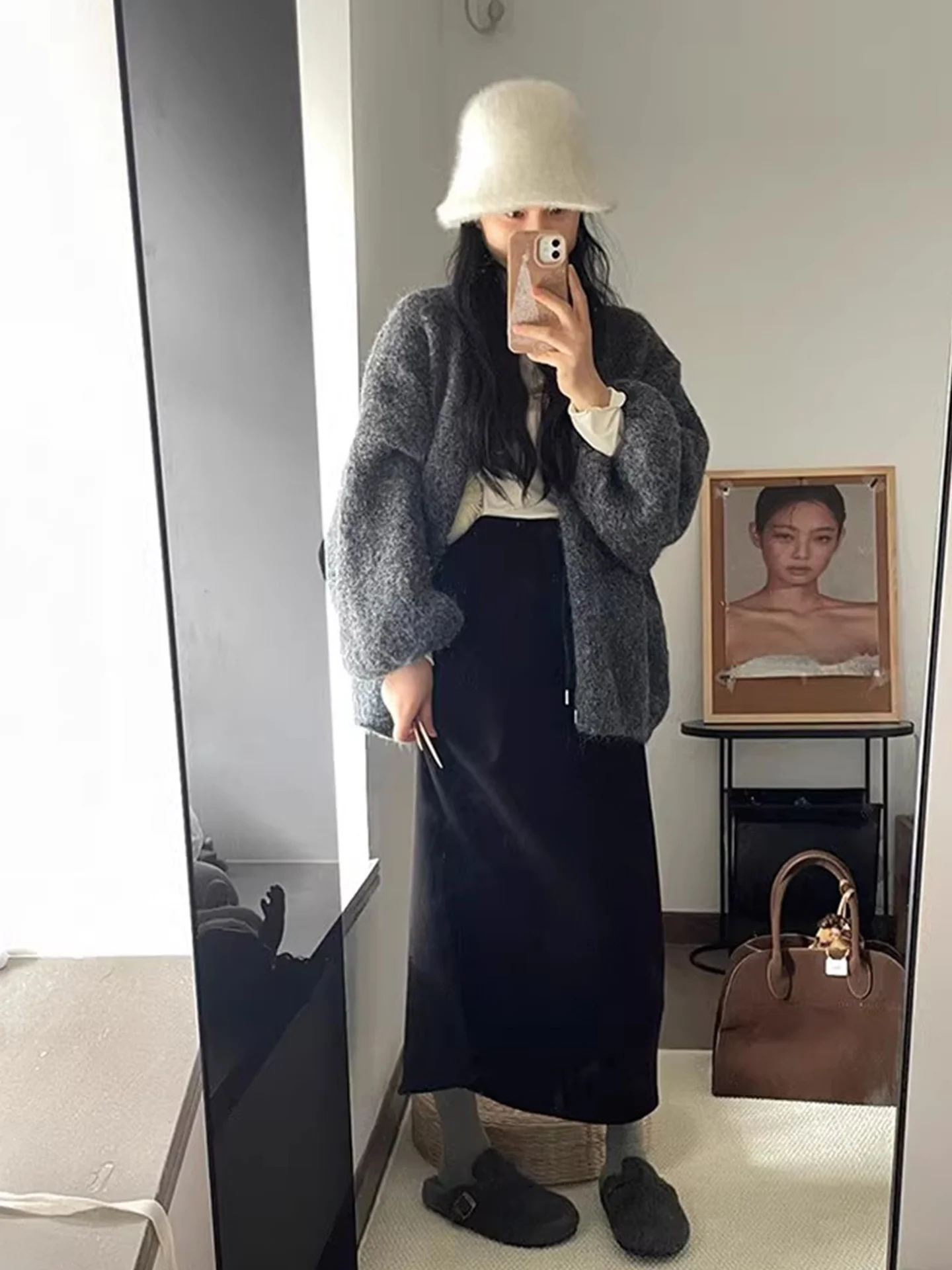 ay Simple Thiened Fce Dstring High Waist Slim Straight Tube Skirt Women's Autumn Winter Versatile Long Skirt