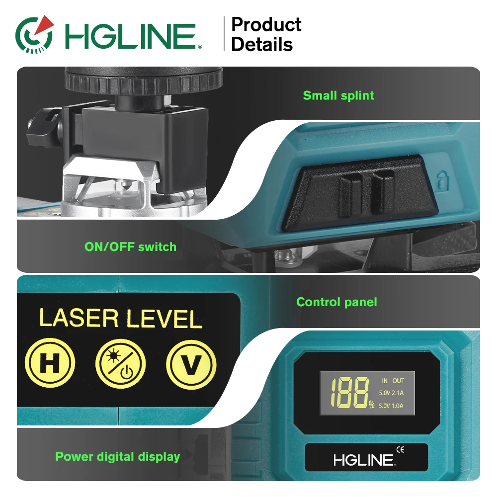 HGLINE 4D 16 Lines Laser Level 360° Horizontal Vertical Measuring Green Beam Laser Instrument Inclined Level Tools 1 Battery Set