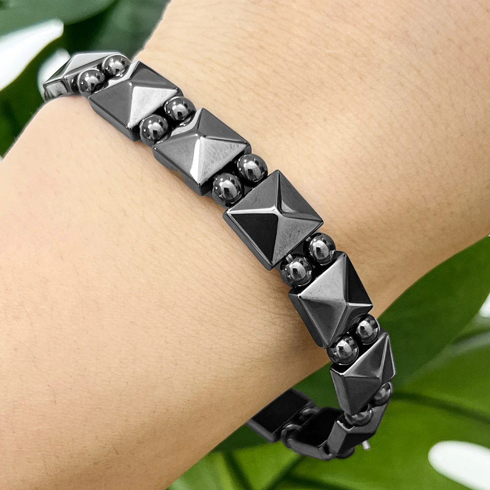 Teowaki Gloss Polished Black Hematite Elastic Bracelet Pyramid Round Beads Men Holiday Present For Dating Party 18-19cm