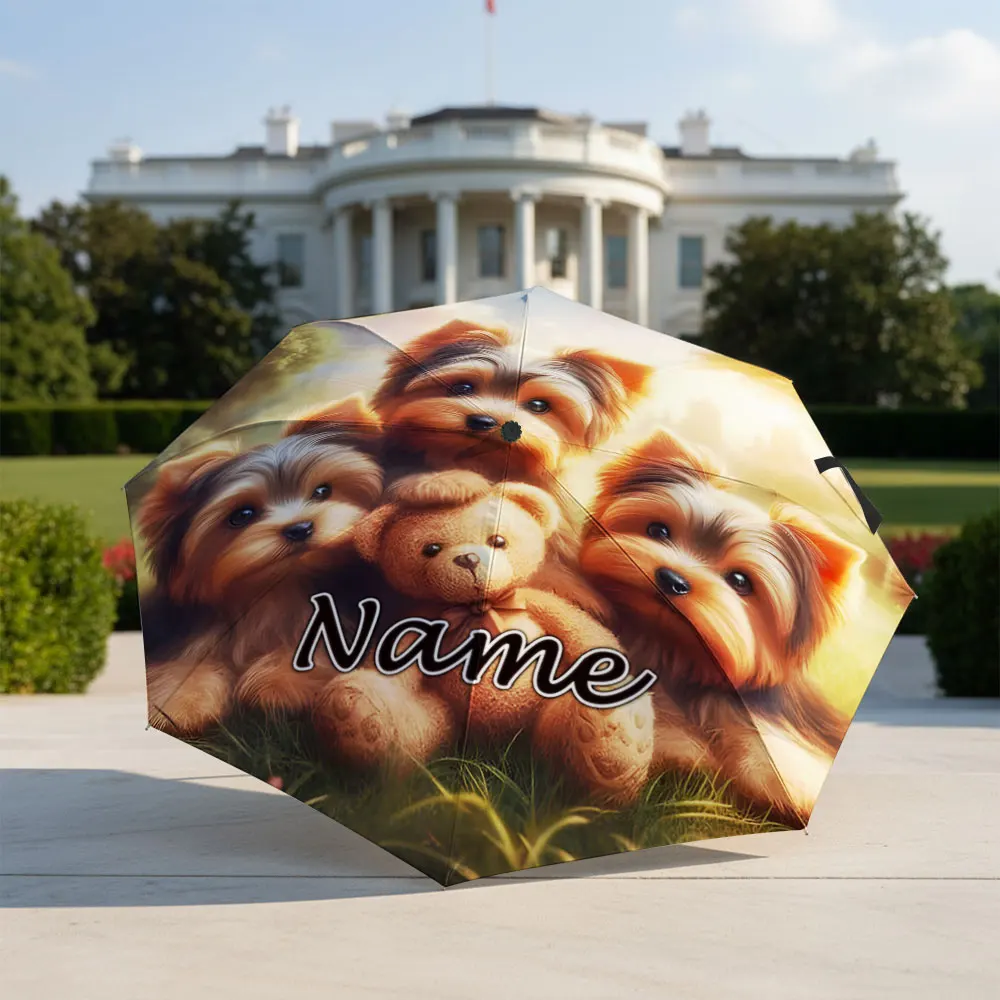 Custom Name Umbrella Three Yorkshire Terrier Puppies With Teddy Bear Print Folding Umbrella,Portable Travel Parasol For gift