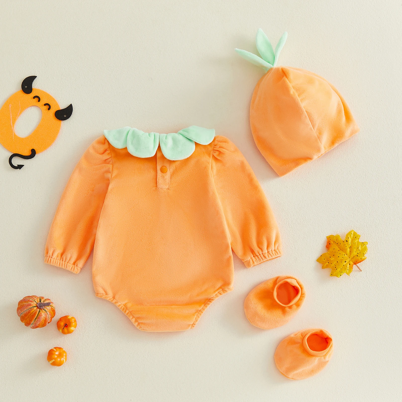 Baby Pumpkin Costume Cute Girls Boys Long Sleeved Romper Hat and Shoes for Halloween Holiday Cosplay Outfit
