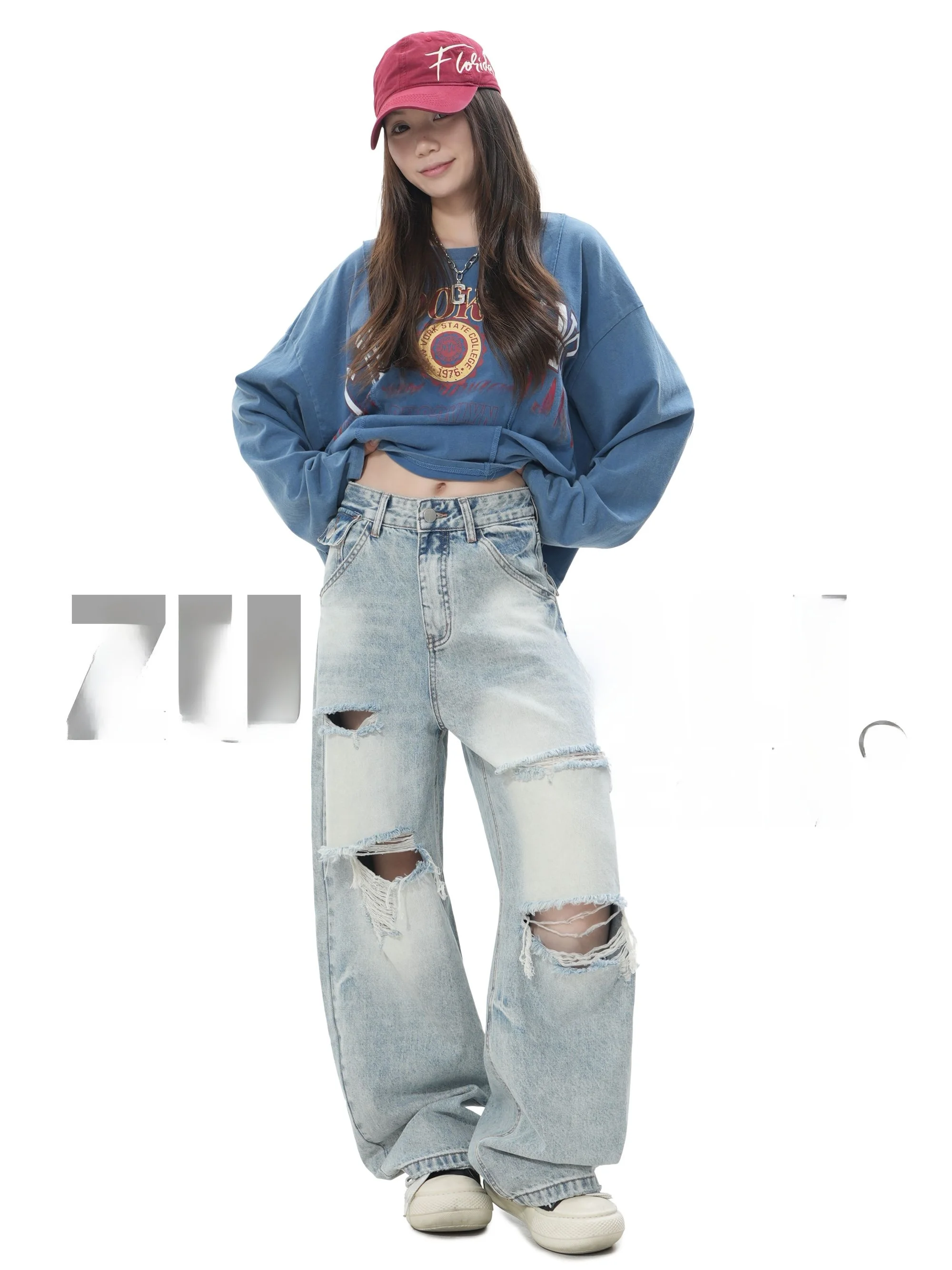 

High Waist Distressed Design Versatile High Street Style Wide Leg Jeans Casual Comfortable Breathable Blue Cotton Denim