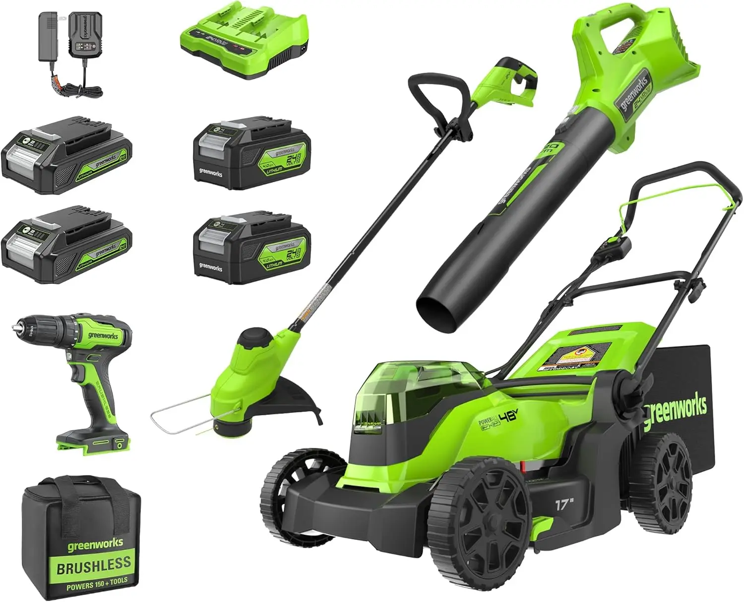 

48V (2x24V) 17" Brushless Mower+12" String Trimmer+320CFM Blower+310 in./lbs Drill Driver, (2) 4.0Ah Batteries