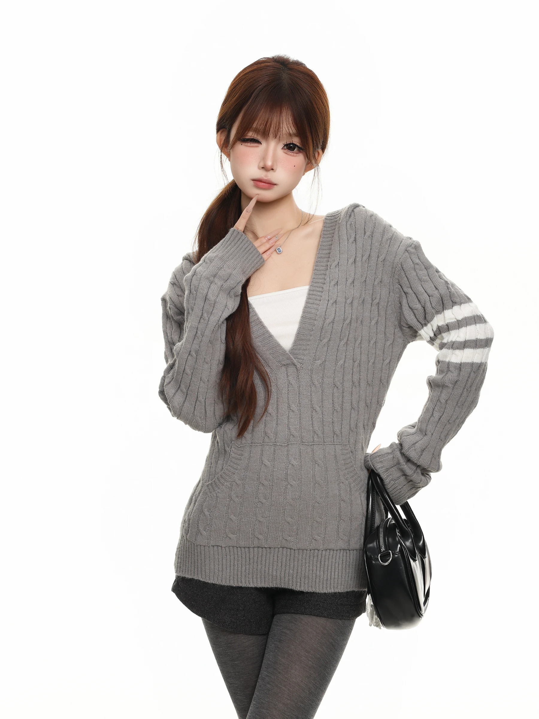 BASTERDS Korean Style V-Neck Hooded Twist Sweater Women's Autumn Loose Fit Slimming Knitted Top Casual Loose Style