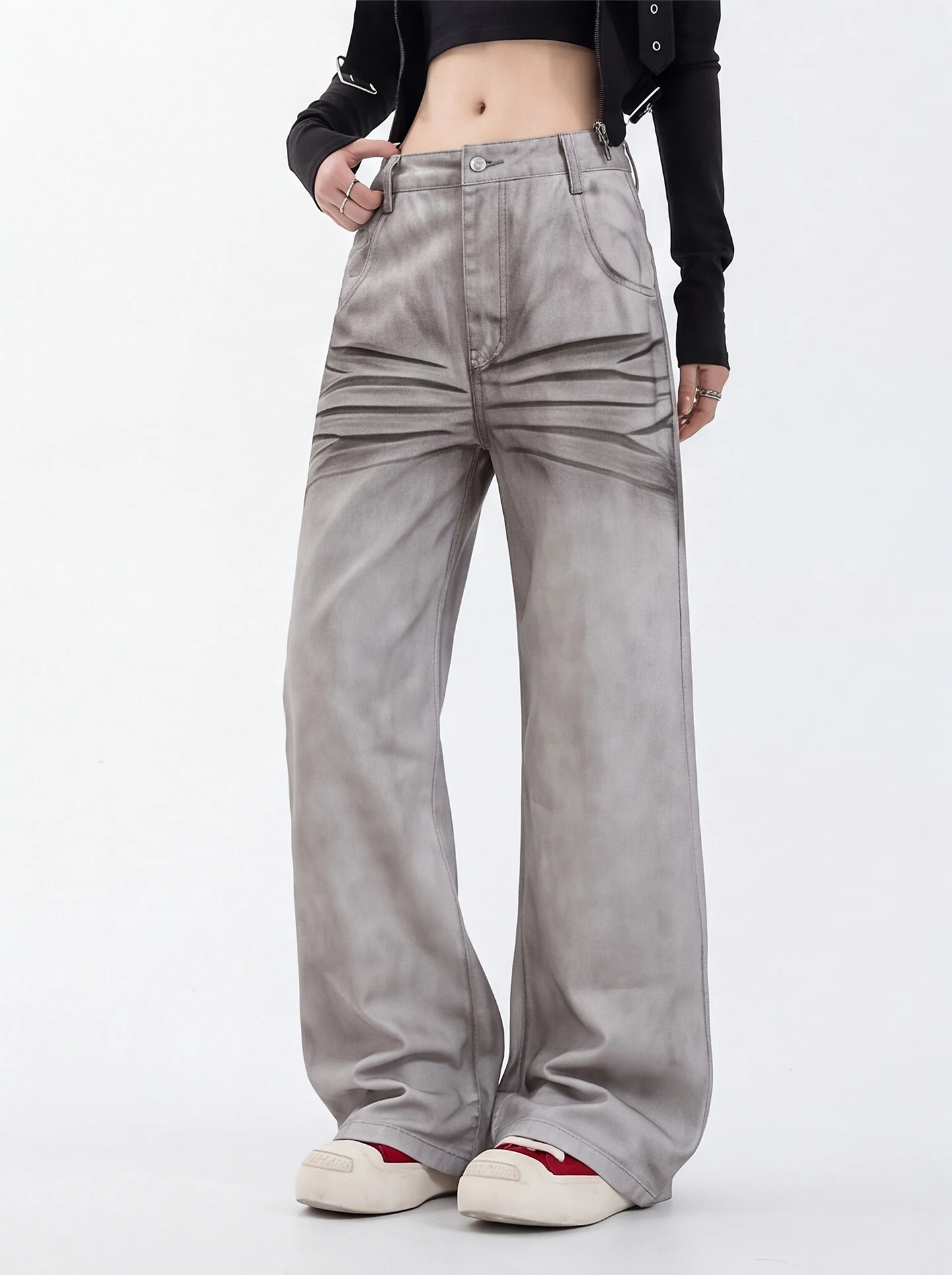 Gray Slim Fit Straight Leg Denim Jeans Women's Retro Washed American Style Casual Cotton Pants Comfortable Breathable