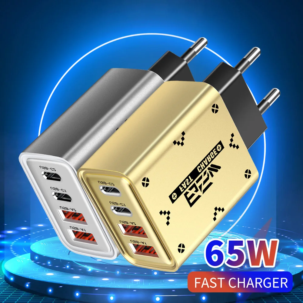 65W GaN USB C Charging Station 4 Ports 2USB 2Type-C PD QC3.0 Fast Wall Plug for iPhone 15 16 Samsung Xiaomi EU US Travel Adapter