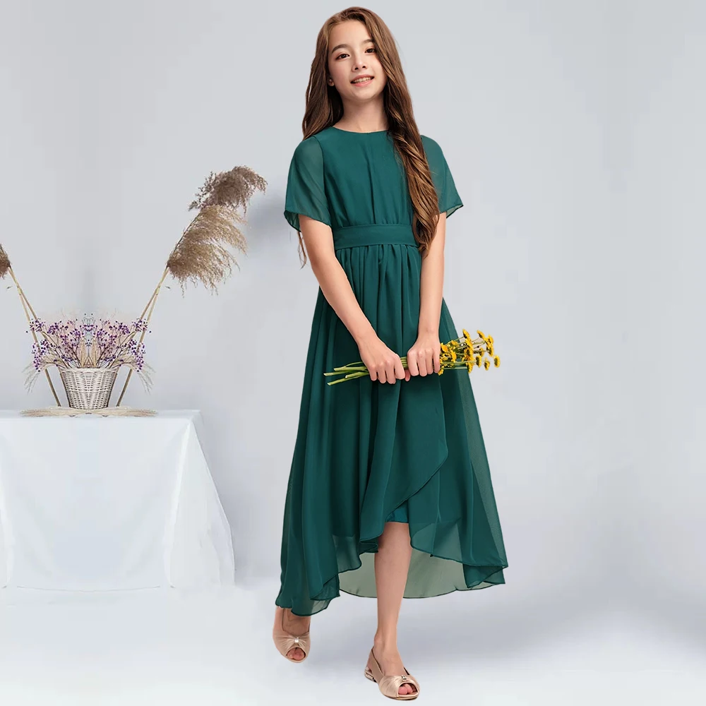 A-line Scoop Asymmetrical Chiffon Junior Bridesmaid Dress With Bow Pleated Peacock Flower Girl Dress Party for Wedding Summer