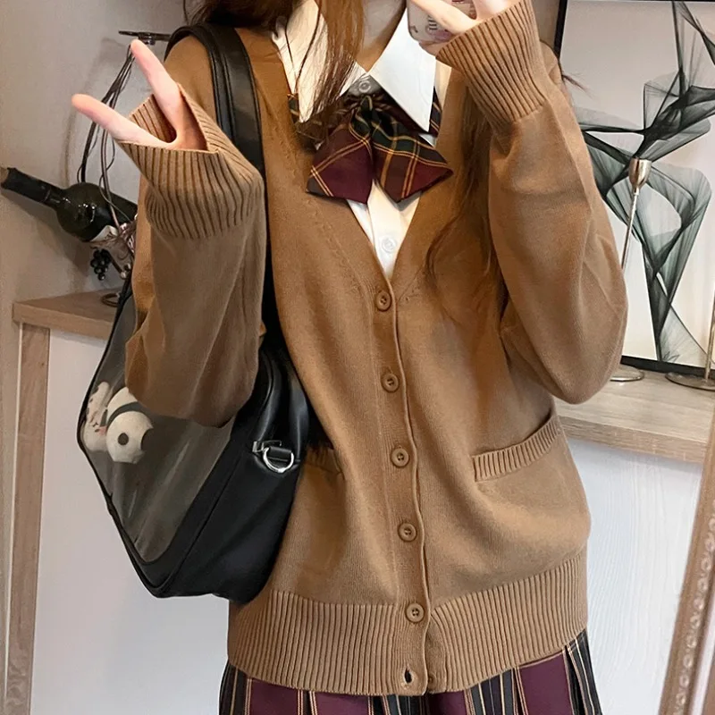 Cardigans Women Button-up Japan Style Students Long Sleeve Knitted Sweaters Loose All-match Autumn Winter Solid Color Pockets