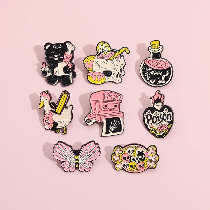 Magic Poison Enamel Pins Pink Butterfly Moth Bear Skeleton Brooches Lapel Badges Gothic Jewelry Gift For Kids Friends Wholesale