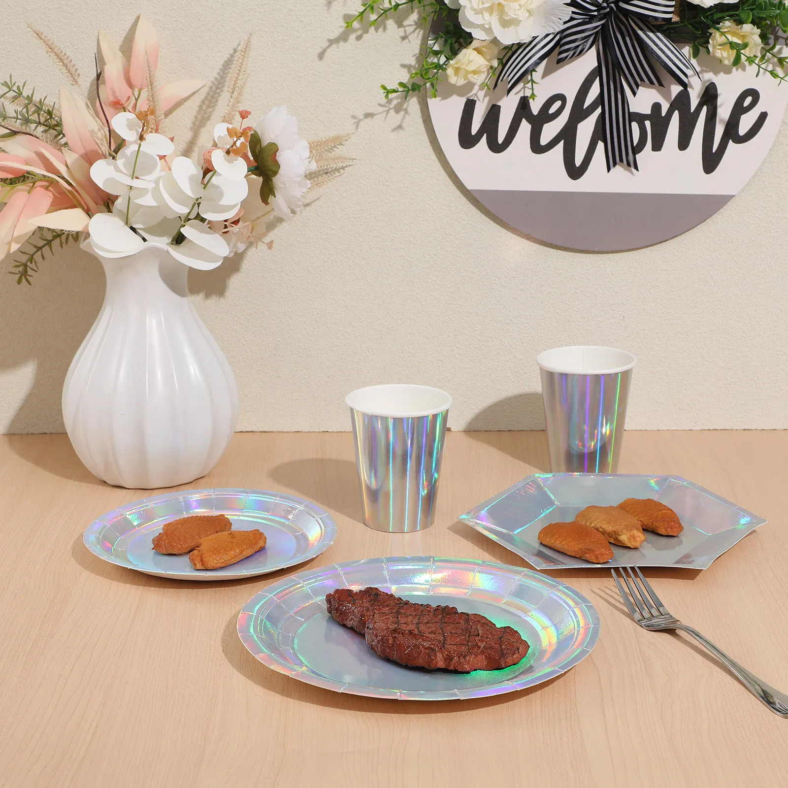 32 Pcs Holographic Paper Tableware 8 Inch Plates 95 Oz Tableware Paper Props Cups Birthday Party Food Grade Safe