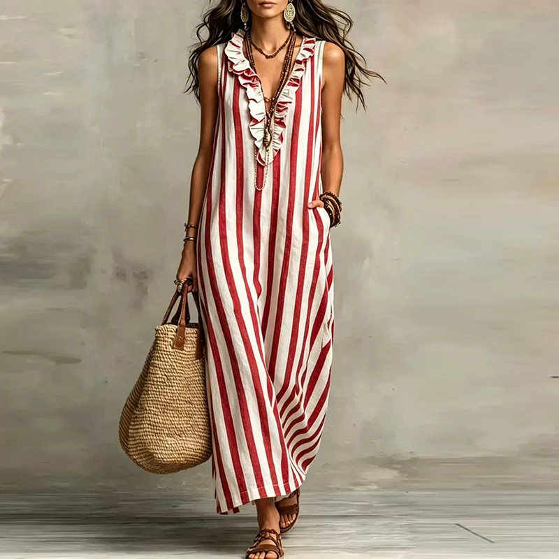 Neue ärmellose Maxikleider für Damen, lässig, V-Ausschnitt, Rüschendesign, Taschen, gestreift, bedruckt, Strandkleid, langes Boho-Kleid