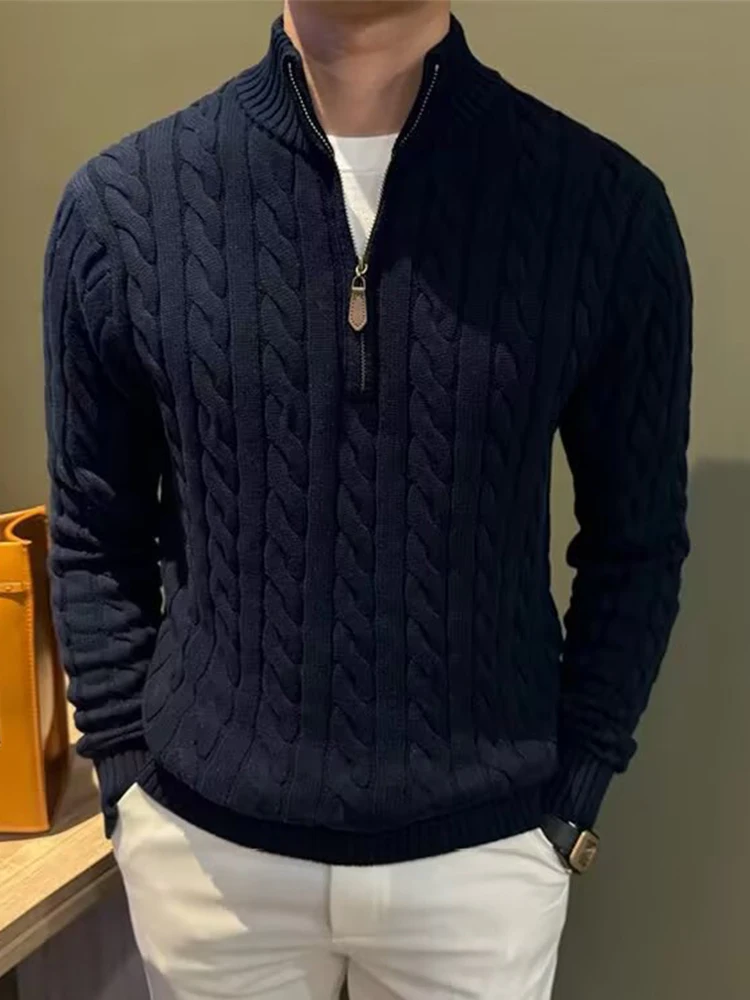 Fall Winter New Knit Polo Shirts Mens Vintage Solid Color Twist Texture Knitting Long Sleeve Pullover Stylish Zip-up Shirt Men