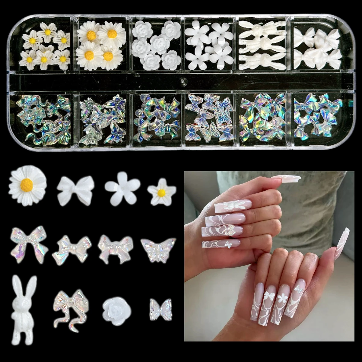 1Set Creative Mini Colorful Rhinestones Star Shell Nail Art Decorations Multiple Style Butterfly Bow Sunflower Nail Charms DIY