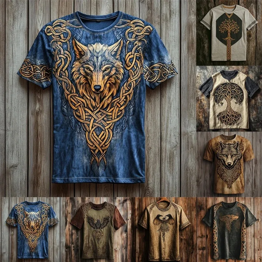 Vintage Viking Wolf Celtic Knot Graphic Norse Mythology Totem 3D Print Short Sleeve Tee Ethnic Streetwear Loose Casual Tops Men