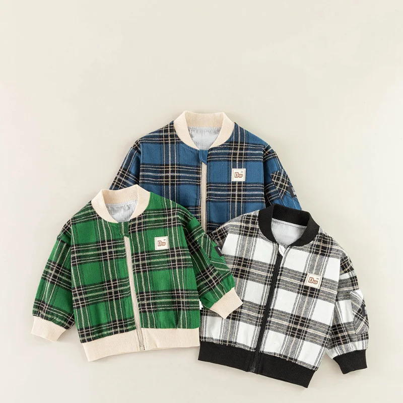 

Children Boys Outerwear Coat Spring Autumn Baby Boys Zipper Baseball Uniform Warm Colorful Plaid Sticker Kid Toddler Boys Jacket