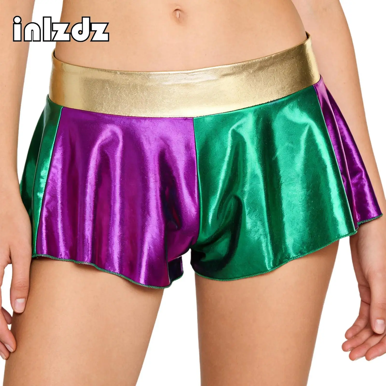 女性用メタリックシャイニーホットパンツ、パネル付きブーティーショーツ、チーキーショーツ、チアリーディング、ダンス、レイブ、音楽フェス、ステージパフォーマンス用