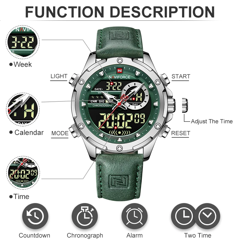 NAVIFORCE Fashion Mens Casual Green Leather Watch Military Waterproof Digital Chronograph Quartz Man Wristwatch Male Alarm Clock