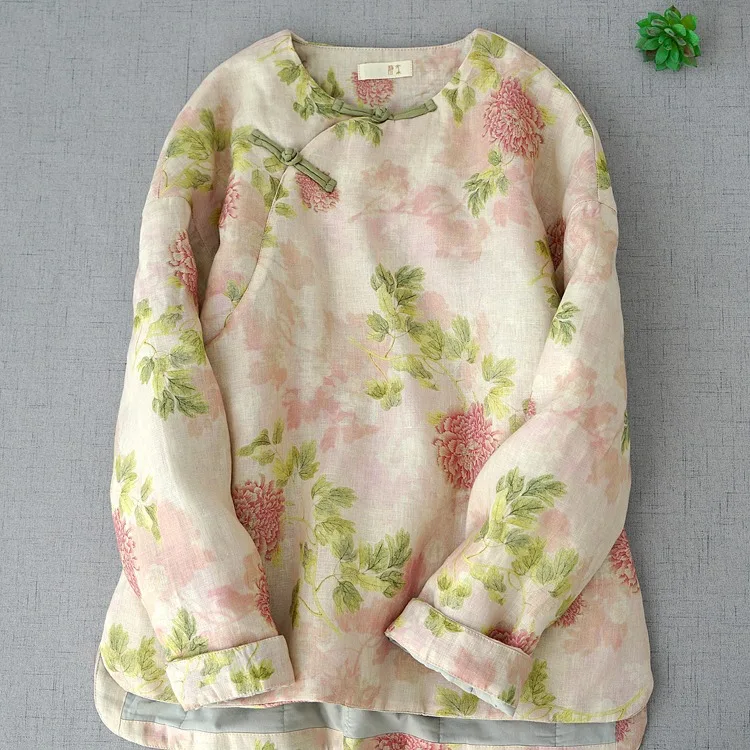 

High-End Anti-Aging Winter Printed Short Jacket Chinese Style Retro Slant Lapel Cotton-filled round Neck Button-up Top
