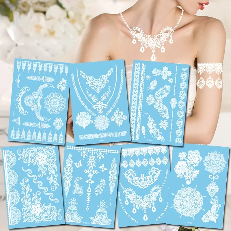 1Pcs Women Lace Tattoo White Henna Paste Waterproof Temporary Tattoo Moon Flower Star Arm Hand Face Tattoo Wedding Decor