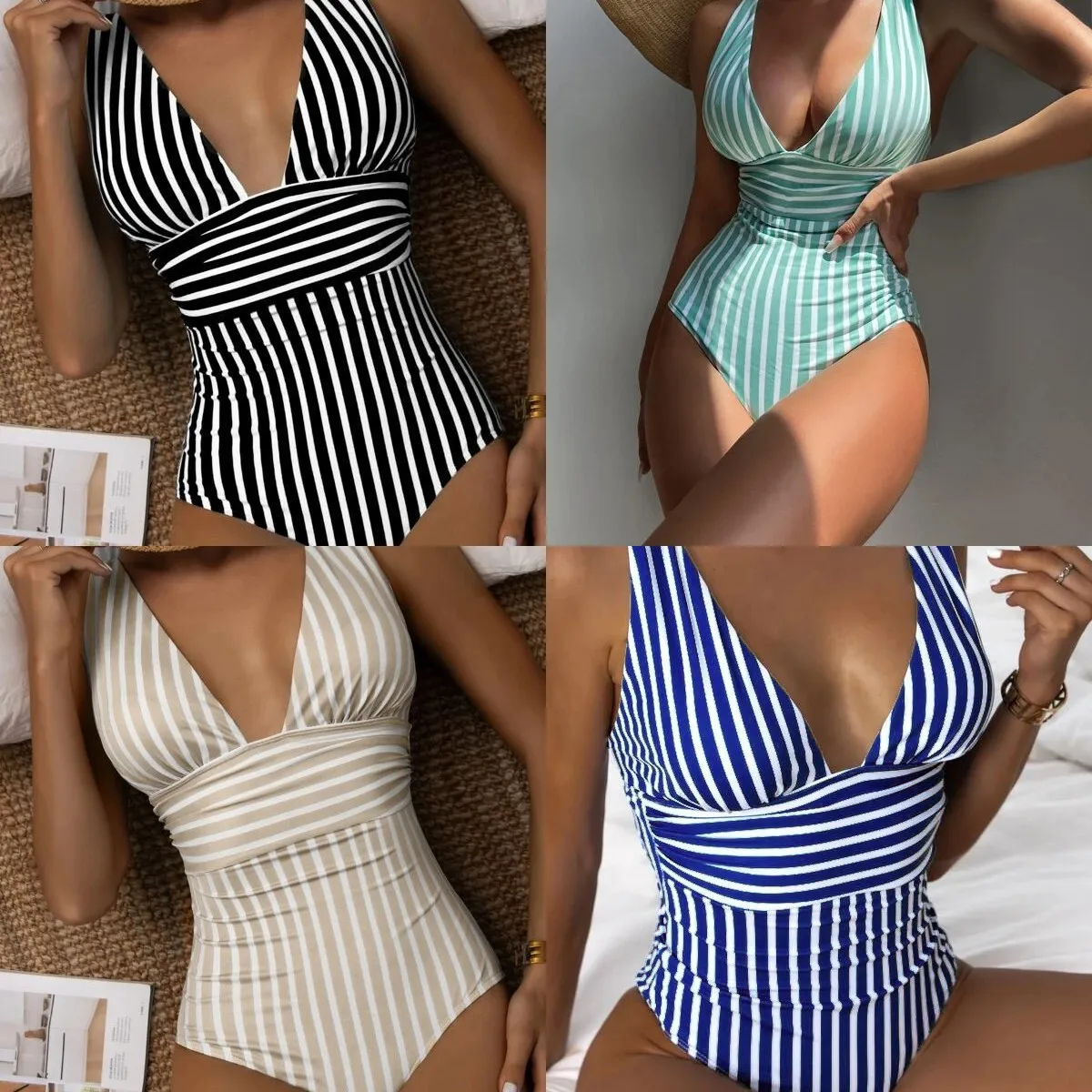 

New V-Ne-Piece Bikini Swimming Suit Striped Baseini Swimwear Photoaphy Inteated Design with Chest Pad No Steel Support