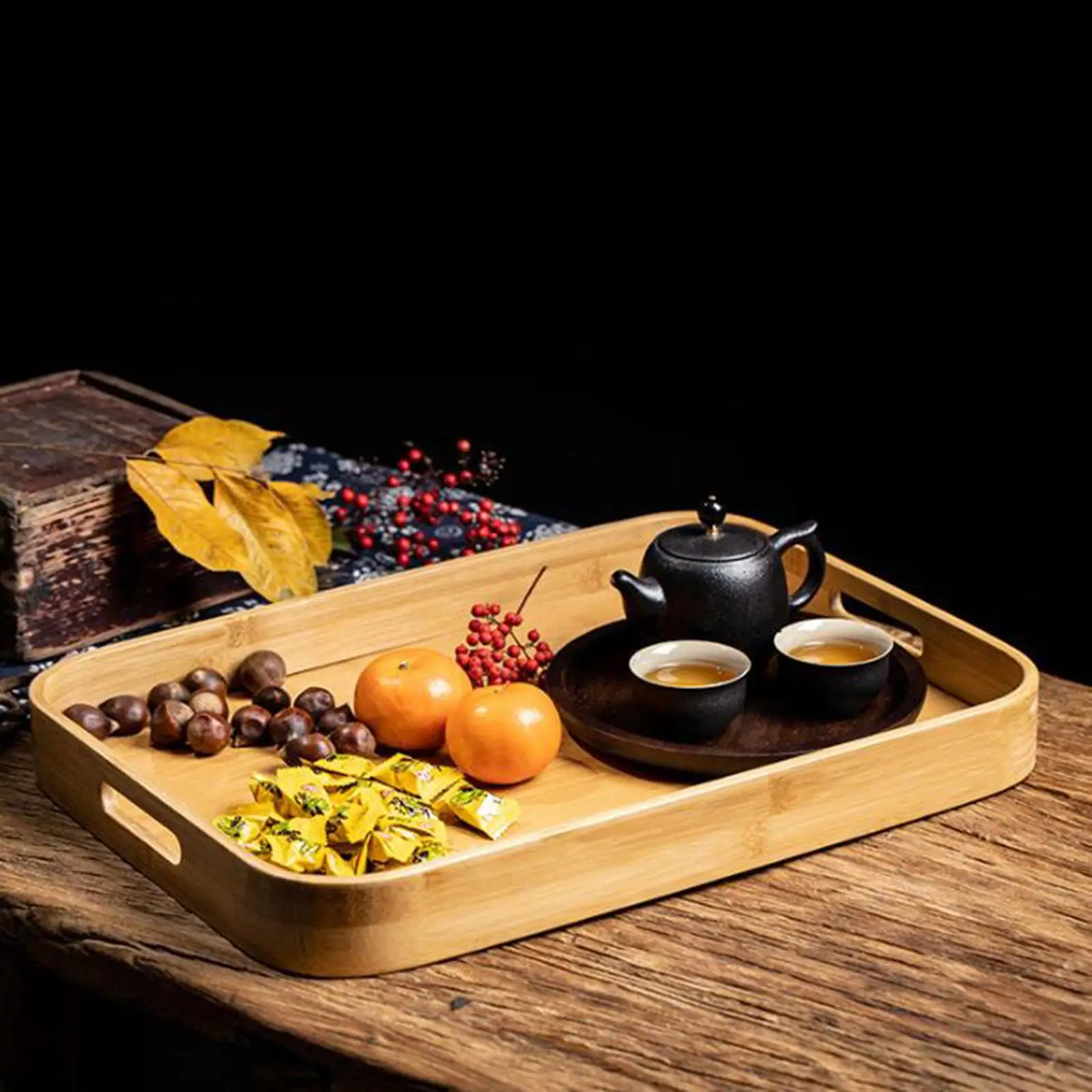 Bamboo Serving Tray with Handles Food Fruit Platter Multi Purpose Dinner Tray for Bedroom Hotel Kitchen Counter