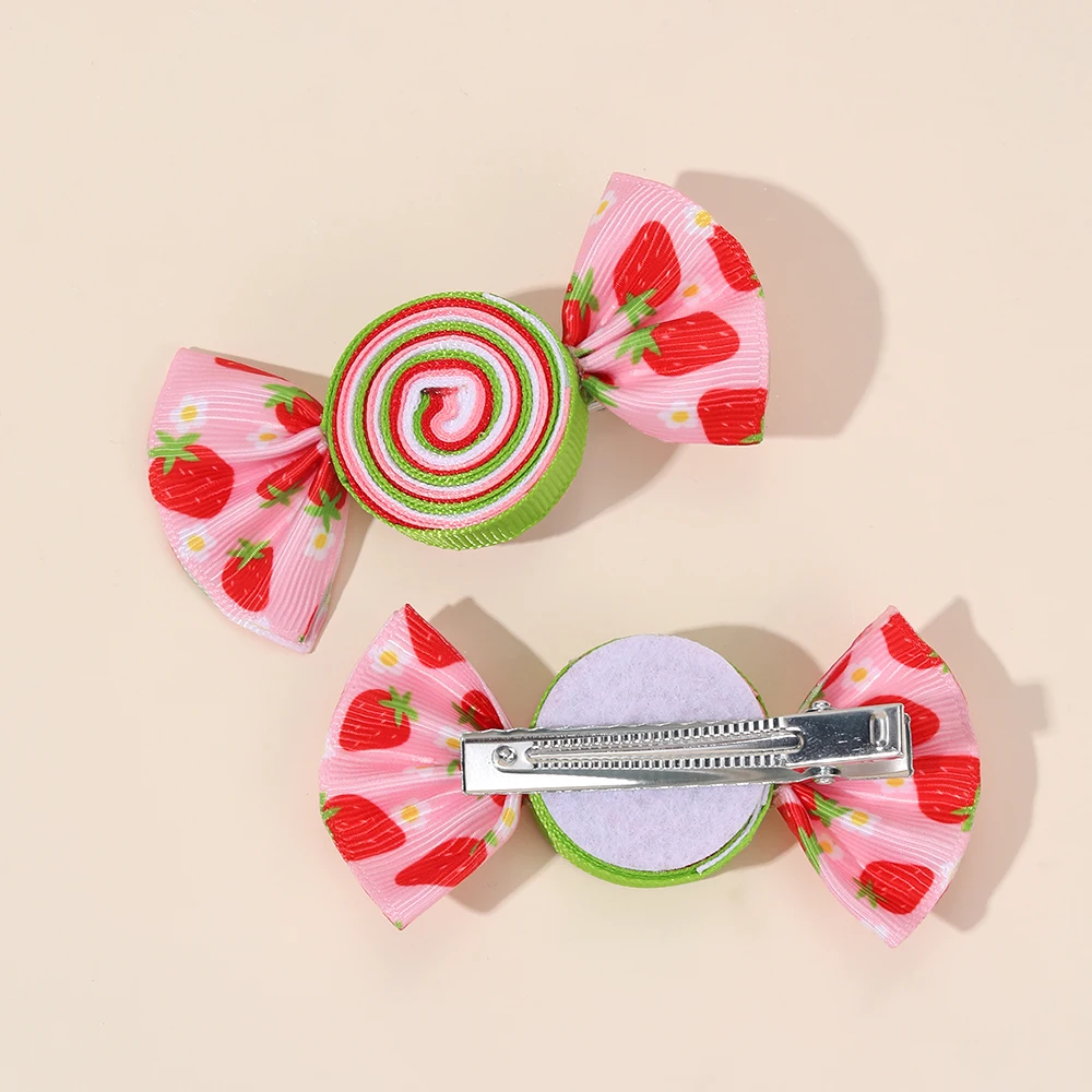 2Pcs Candy Bow Hair Clips Sweet Strawberry Heart Print Hairpins Rainbow Barrette For Girls Kids Children Headwear Accessories image 5