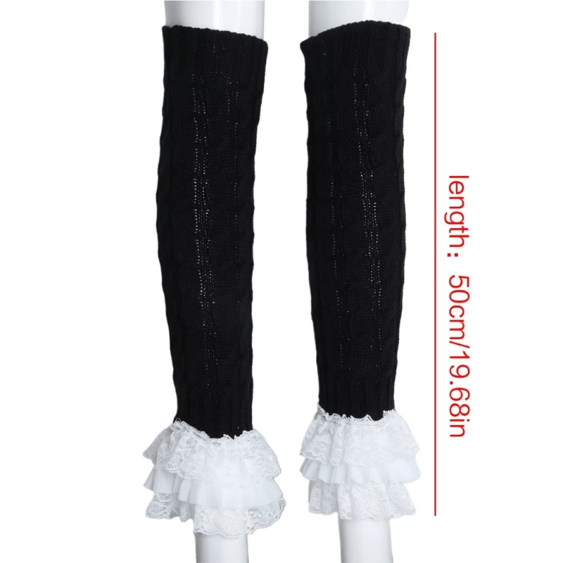 Jambières mignonnes en tricot avec câble torsadé nœud chaussettes à plusieurs niveaux avec ourlet en dentelle à