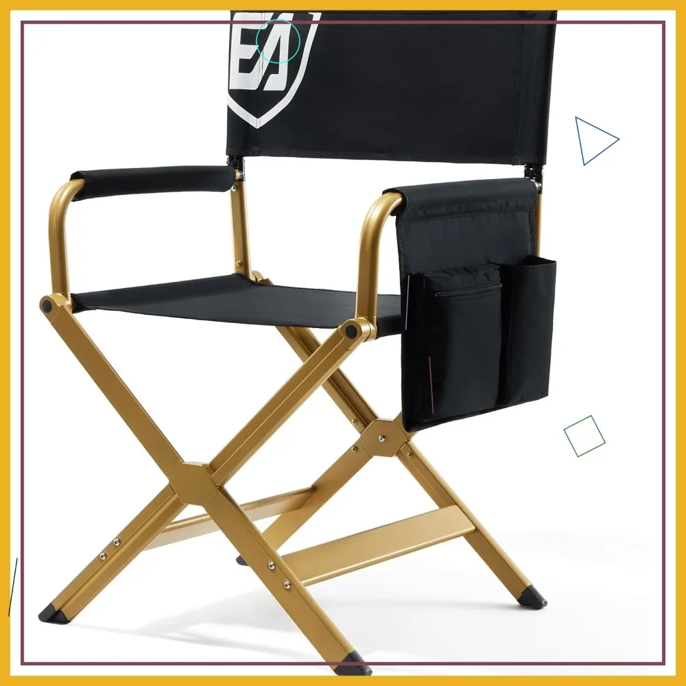 

Складной алюминиевый режиссерский стул, высота сиденья 19 дюймов, черная ткань/золотистая рама, выдерживает нагрузку до 350 фунтов, для кемпинга и мероприятий