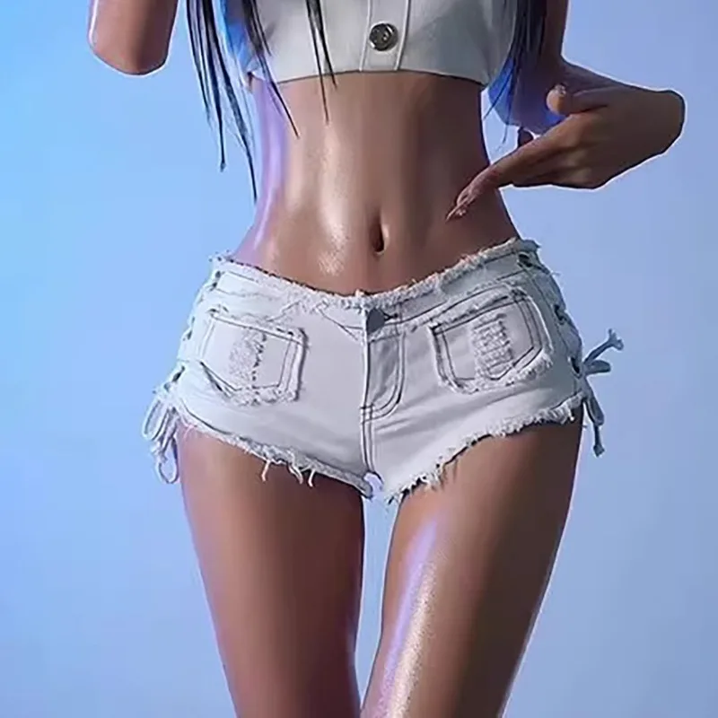 여성 여름 볼드 스파이스 걸 나이트클럽 사이드 컷아웃 레이스업 디스트레스드 프린지 로우라이즈 스키니 힙업 데님 핫팬츠