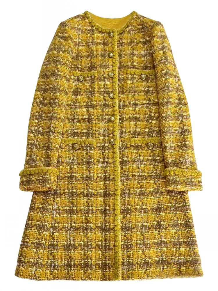 Autumn Winter Women Yellow  Grid Round Neck Long Style Designer Handmade Vintage Slim Fit Type Elegant Office Lady Two Piece Set