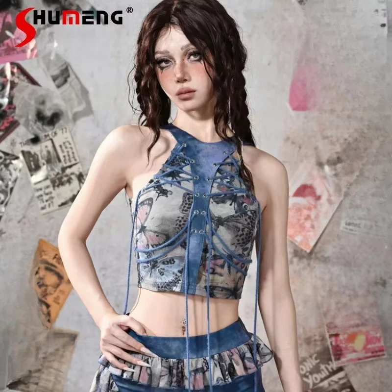 

Japanese Soft Girl Butterfly Print Mesh Stitching Leather Strap Camisoles Sexy Neck Top Kawaii Sleeveless Slings Women's Clothes