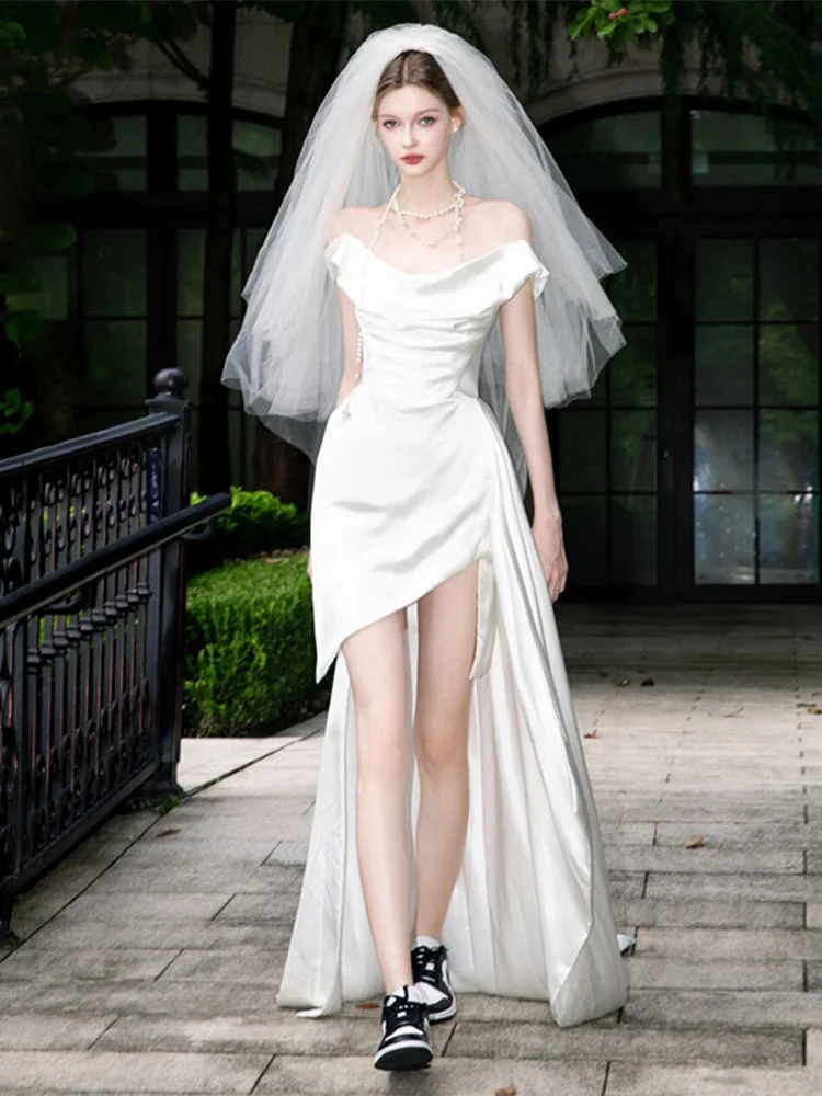 

Ele Satin Light Wedding Dr One oulder Sle Bridal Gown for Engagement And Wedding Simple Chic Morning Robe Design