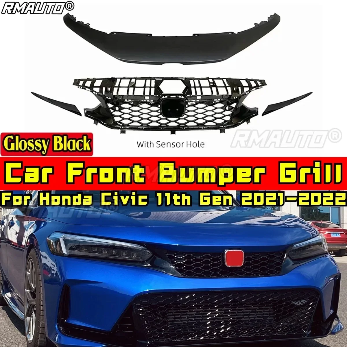 

For Civic Body Kit Front Bumper Grill Glossy Black TR Style Grills Grille for Honda Civic 11th Gen 2021-2022 Car Accessories