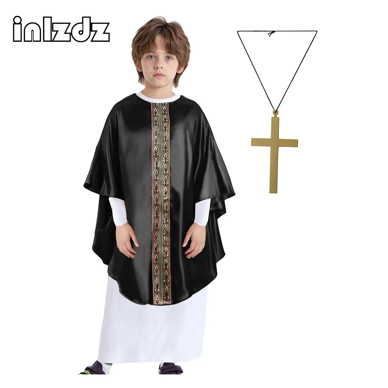 

Unisex Boys Girls 2Pcs Pope Costume Long Sleeve Band Cape Underneath White Robe Cross Necklace Suit for Halloween Carnival Party