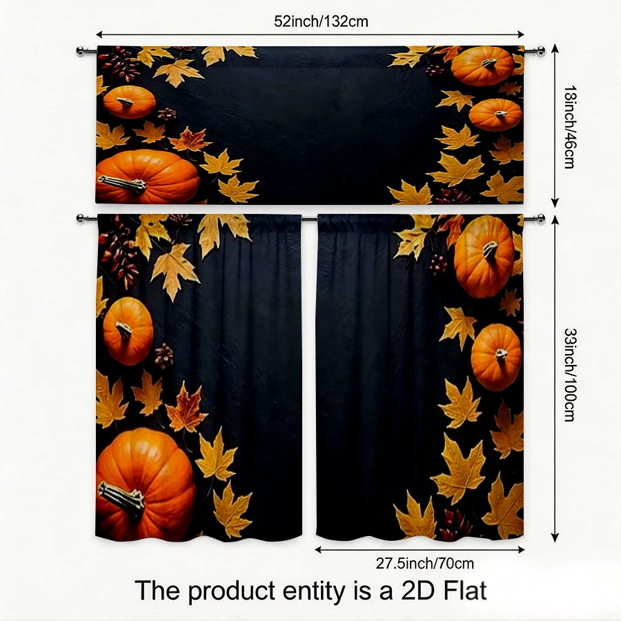 Thanksgiving Fall Kitchen Curtains, Black Pumpkin Maple, Digital Print, Kitchen Dining Room, Rod Pocket Polyester, Home Decor