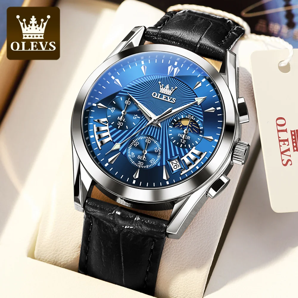 OLEVS Leather Men's Watch Sports Watches For Men Wrist Watches Blue Calendar Moon Phase Clock erkek kol saati relogio masculino