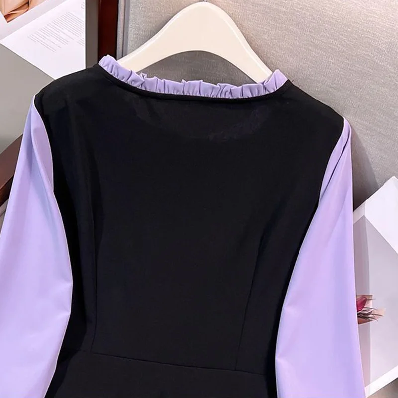 2024 Nowa letnia elegancka moda Prostota Luźna koszula damska do biura Splicing Bell Sleeve O Neck Tops z długim rękawem