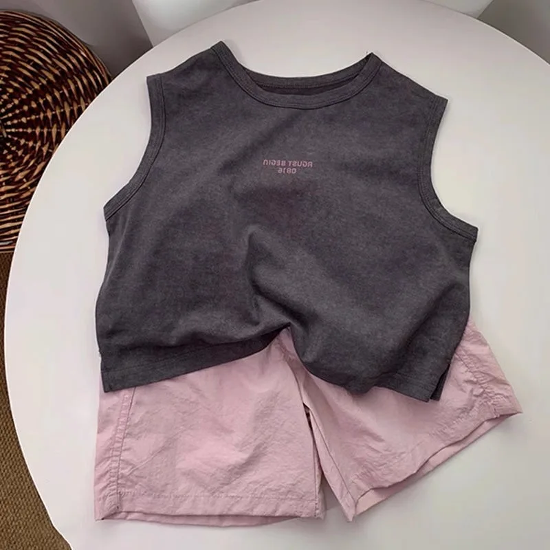 Summer Kids Baby Boys 2PCS Clothes Set Muslin Letter Sleeveless Tee Suits Loose Solid Elastic Waist Shorts Toddler Baby Boy Suit