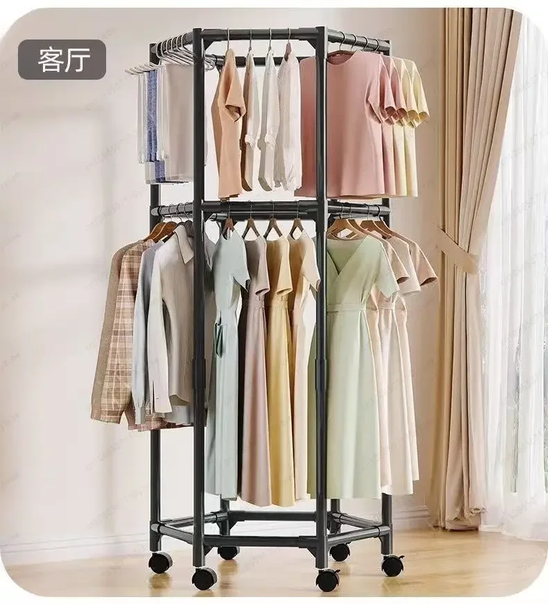 Hexagon Rotating Clothes Rack Double Tier Rolling Garment Stand With Brake Wheels Movable Clothing Drying Storage Rack