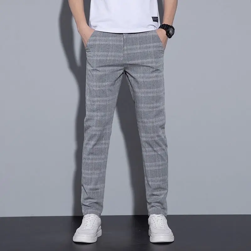 Summer Thin Business Elastic Fashion Trend Slim Casual Print Suit Pants Men\'s Button Zippered Pockets Korean Straight Trousers