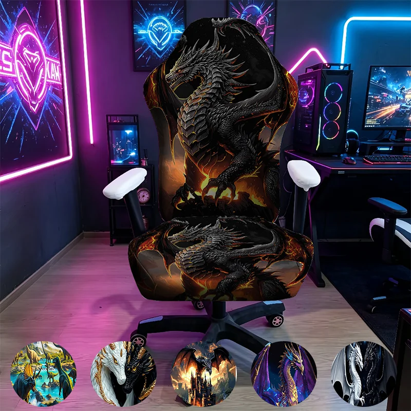 Black Fire Dragon Gaming Chair Cover, Stretch Elastic Anti-Scratch Slipcover for Gamer & Office Chair