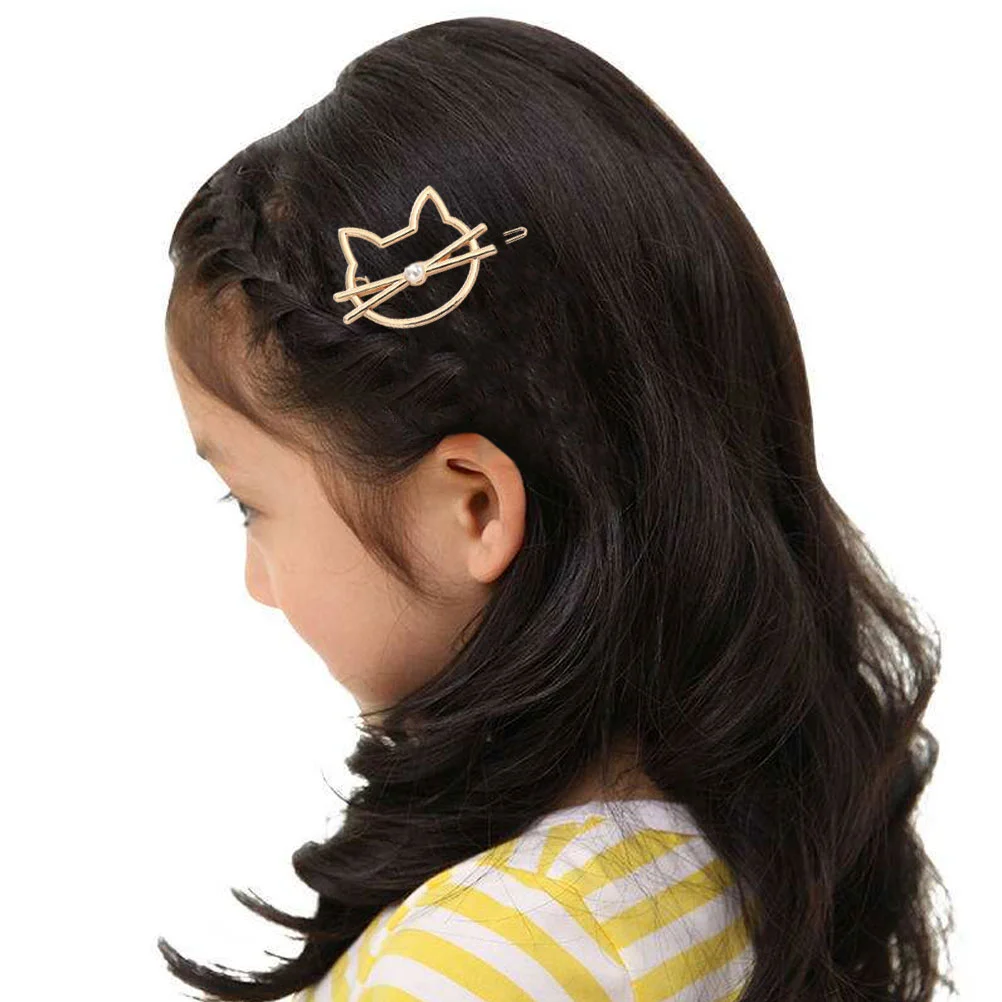 4pcs Cat Shaped Hair Clips Metal Hair Barrettes Hair for Women and Girls (Golden + Silver + Golden Pearl + Silver Pearl)