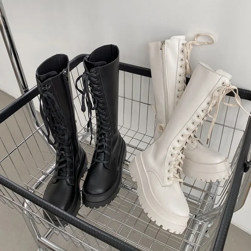 2024 New Women Motorcycle Knee-high Boots Woman Fashion Thick Sole Platform Flats Heels Zipper Botas Femininas Long Booties