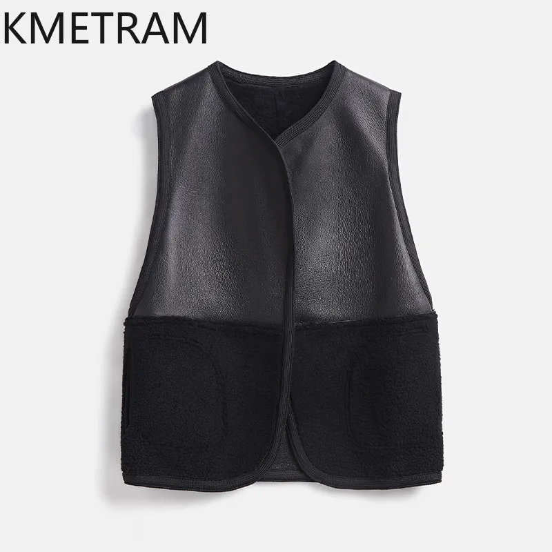 KMETRAM High Quality Merino Sheep Shearling Fur Vest Winter Jackets Woman Two-sided Real Leather Fur Coat Woman Vestes Femmes
