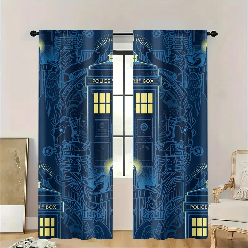 Vintage Blue Graphic Police Call Box Curtain Panels Decorative Tension Rod Drapes for Kitchen Bathroom Window Art Deco Style Hom