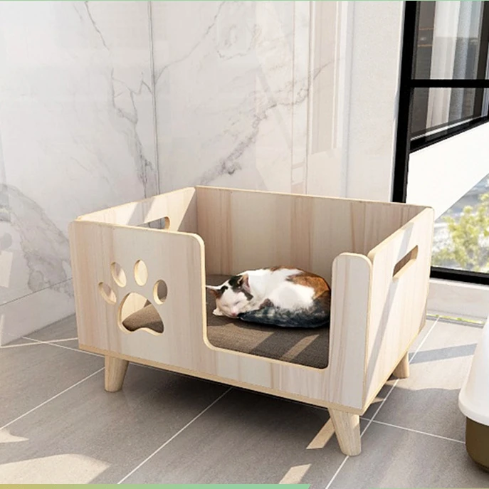 Four Seasons Solid Wood Cats Bed Pets Kennel Rabbit Dog Kitten Deeping Sleep Mat Pets House Sofa Bed