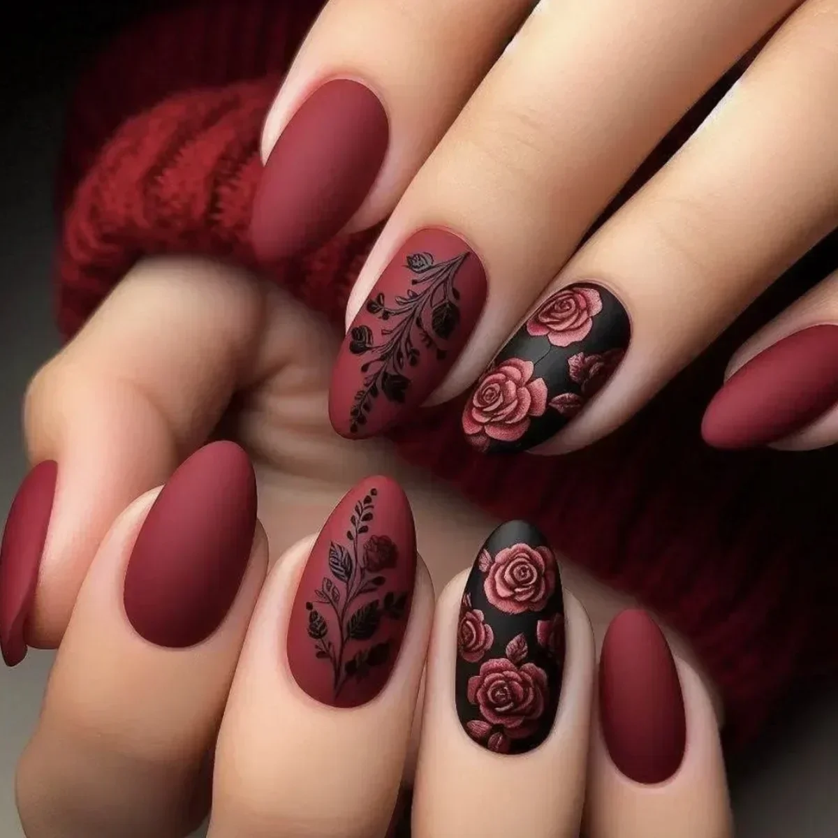 24Pcs Autumn Winter Matte Almond False Nails with Glue Rose Leaf Printing Nail Art Simple Full Cover Press on Acrylic Nails Tips