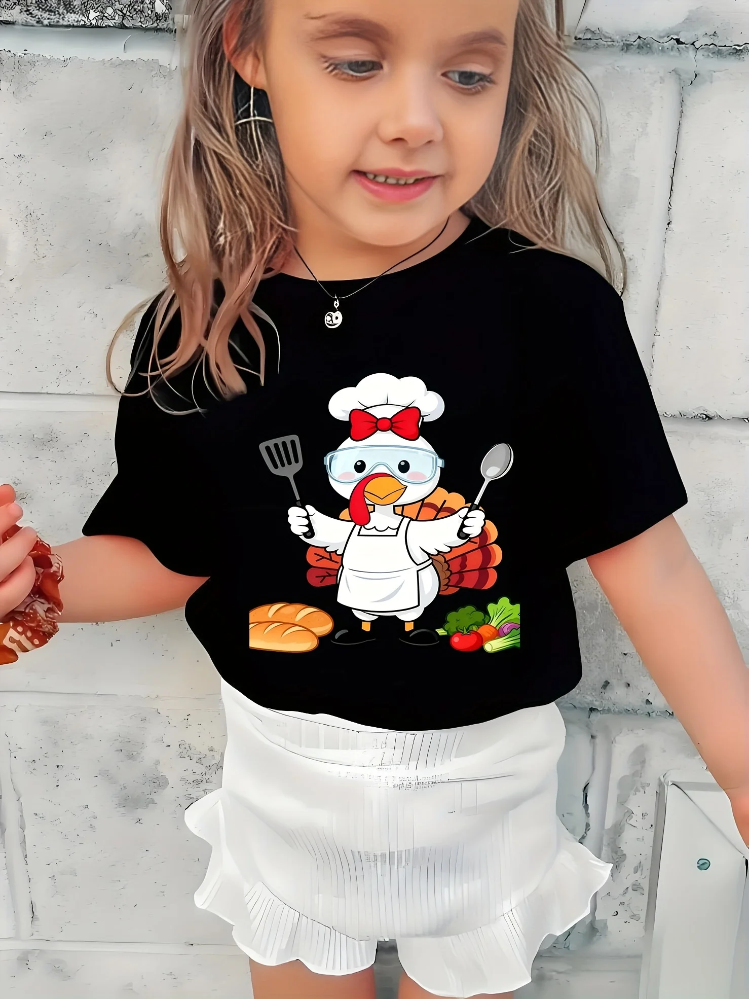 Cute Chef Turkey Thanksgiving Cartoon Print Kids Tee Boys Girls Family Matching Cotton Crew Neck Short Sleeve Soft Summer Tee