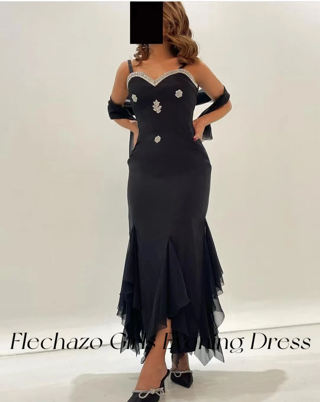 Flechazo-vestidos de Noche negros para mujer, vestido elegante fruncido con cuentas de espagueti, escote Corazón, fiesta, 2024