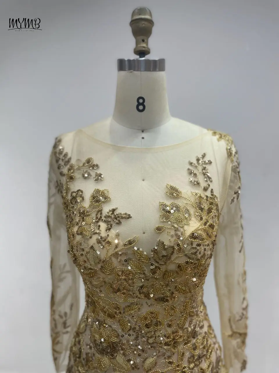 MYMB Gold Sheer Long Sleeves Eleagnt Mother of The Bride Dresses for Weddings Luxury Beaded Mermaid Floral Prom Party Gowns